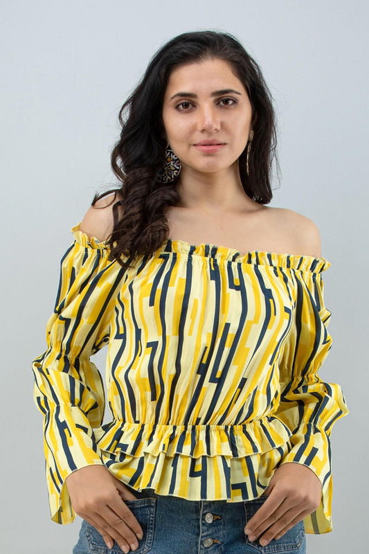 FLAMBOYANT Casual Bell Sleeves Striped Women Yellow Top - Paradise Export